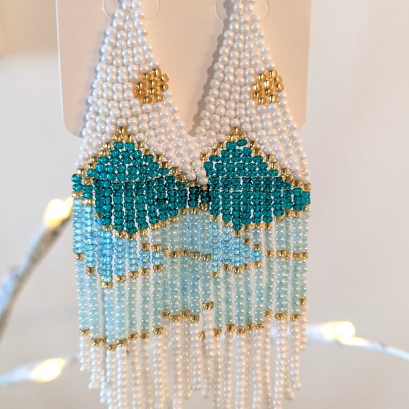 Boho Vintage Vibe Colorful Beaded Tassel Earrings - White, Green, Turquoise - Picture 3 of 4